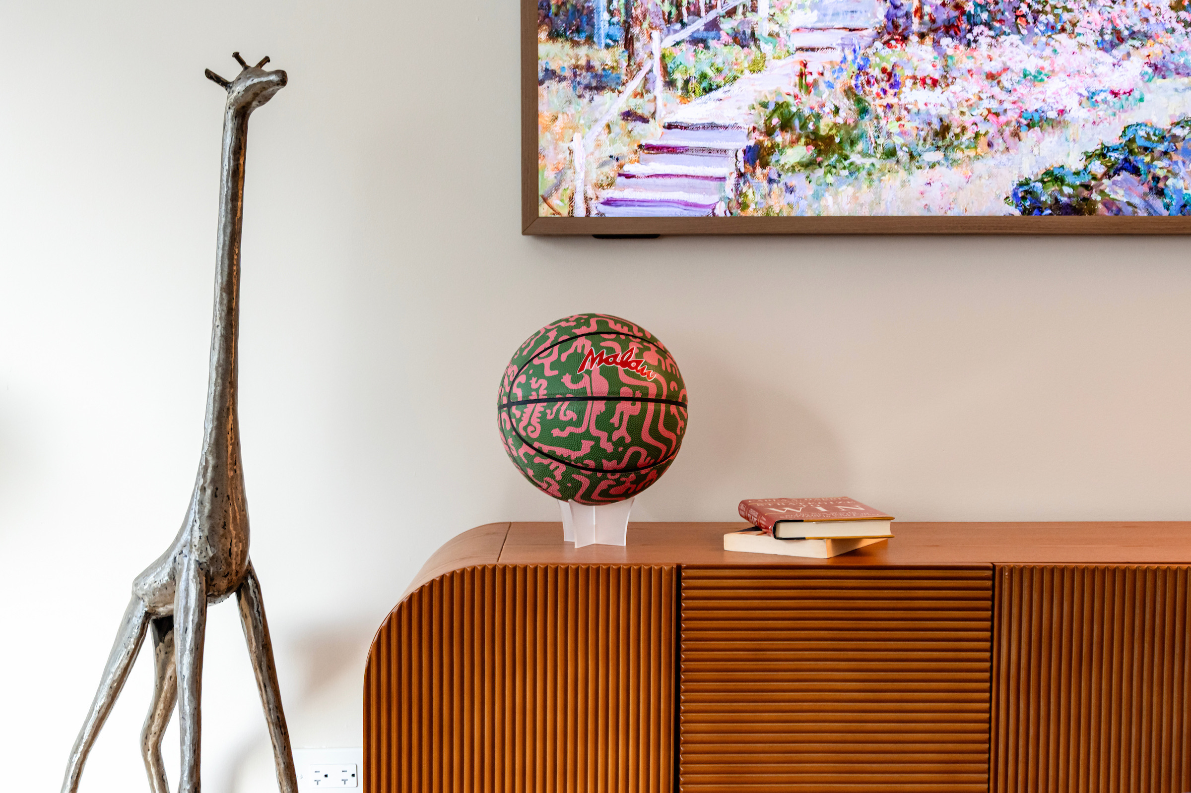 Basketball on bookshelf